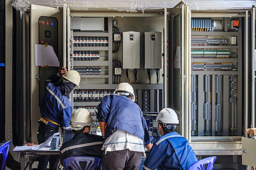 Engineers working on a control panel during a PLC and DCS migration project, upgrading an industrial automation system.