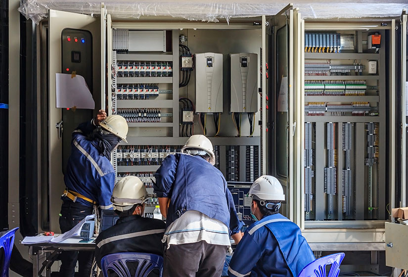 PLC DCS Migration: Modernize Your Control Systems Engineers working on a control panel during a PLC and DCS migration project, upgrading an industrial automation system.