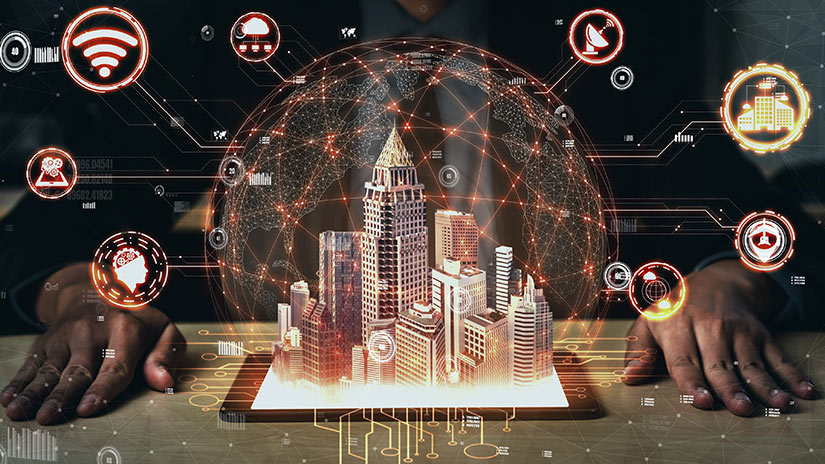 Building Management System (BMS) Services | Optimize Your Facility Technicians configuring a Building Management System (BMS) in a modern facility, displaying integrated controls for energy, security and HVAC systems to illustrate improved efficiency and sustainability.