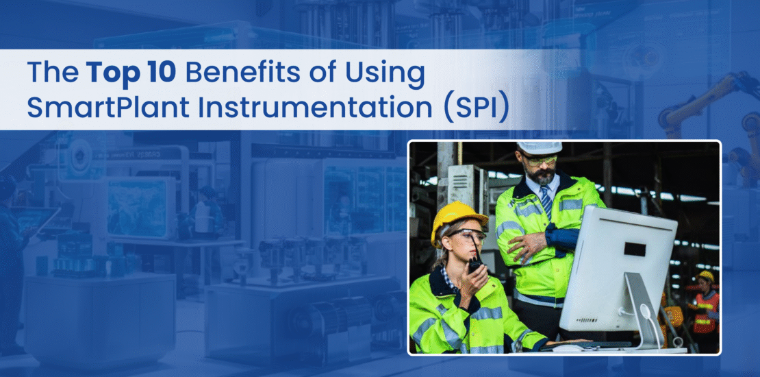 Two engineers reviewing data on a computer screen in an industrial facility. This image is related to the top benefits of using SmartPlant Instrumentation (SPI) for engineering projects.