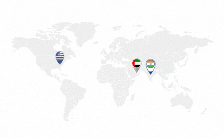 Map highlighting the locations of iPAC Automation's offices in India, USA and UAE with flags marking Pune, India; Houston, Texas and Abu Dhabi, UAE.
