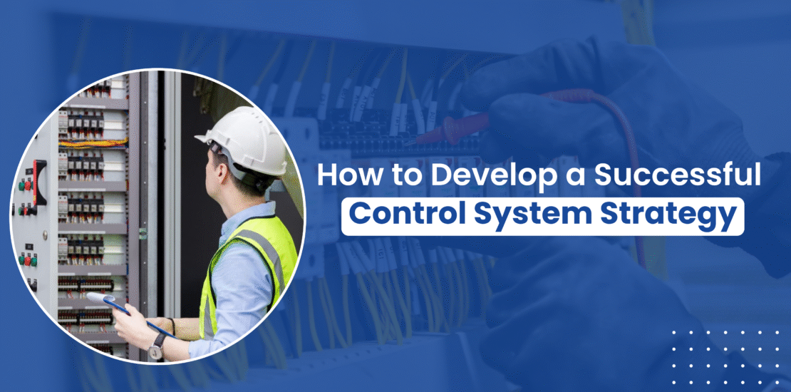 An engineer in a hard hat and safety vest inspecting an electrical control panel. This image represents the process of developing a successful control system strategy for industrial automation projects.