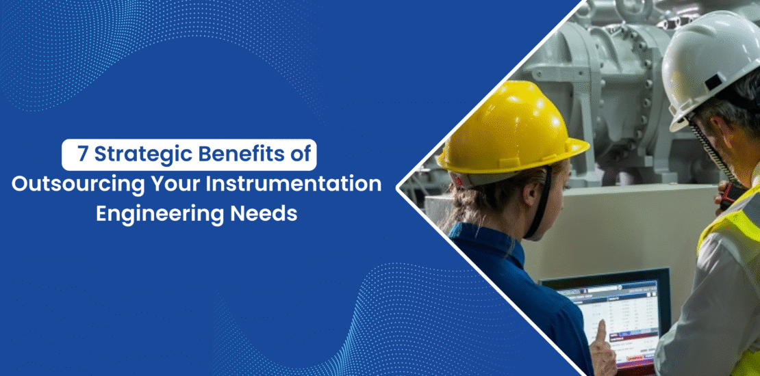Two engineers in hard hats looking at a laptop screen. The image illustrates the strategic benefits of outsourcing instrumentation engineering needs for a project.