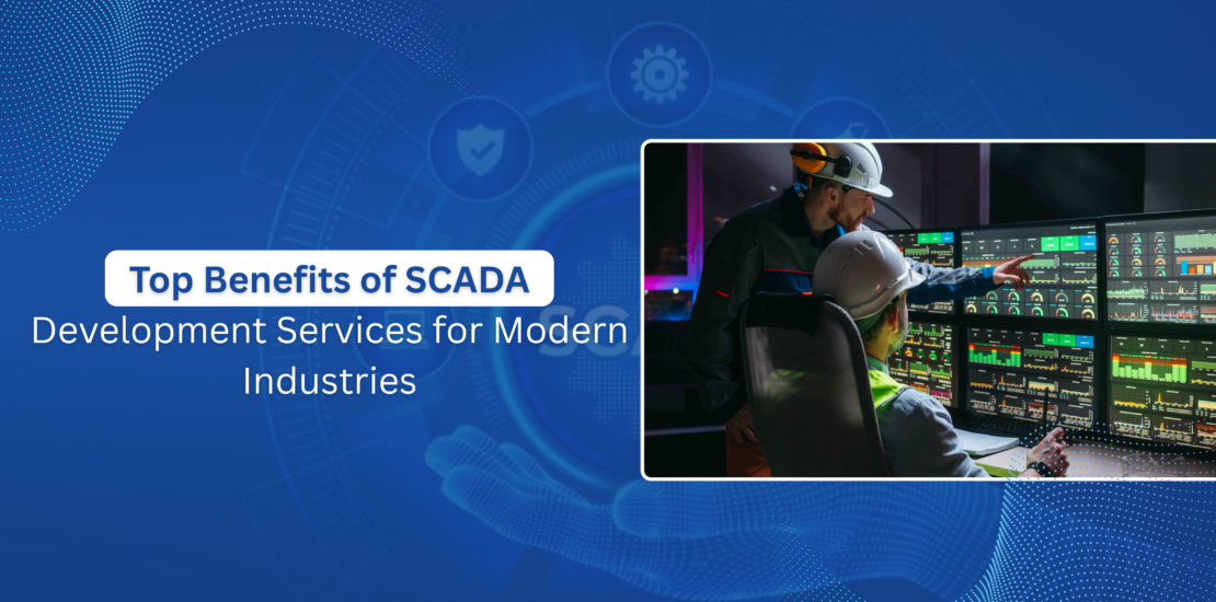 Two engineers in yellow hard hats looking at a bank of multiple large screens displaying data and control graphics, representing SCADA development services and monitoring.