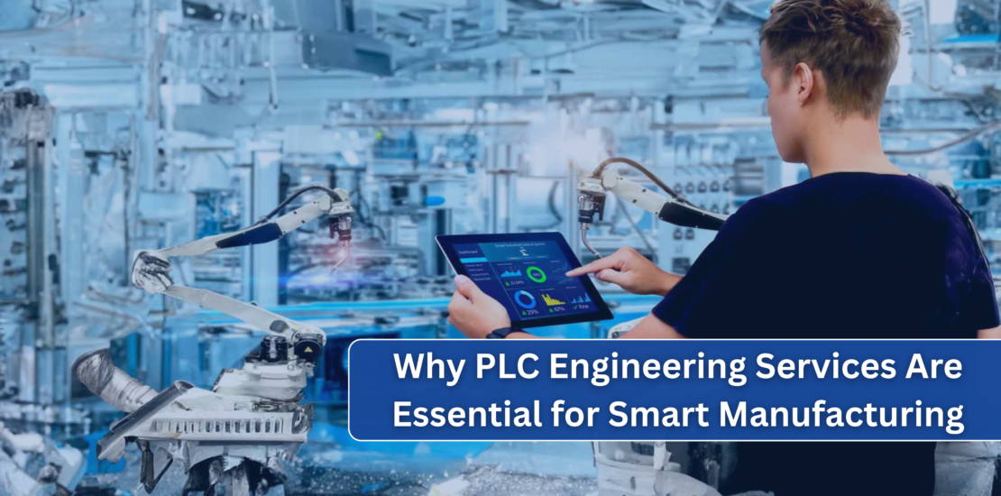 A factory engineer using a tablet to interface with an automated robotic arm, emphasizing PLC (Programmable Logic Controller) engineering for smart manufacturing.