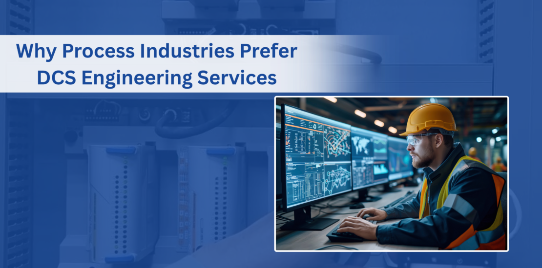 An engineer in a yellow hard hat monitoring multiple screens showing process control schematics and data, representing Distributed Control System (DCS) engineering services for process industries.