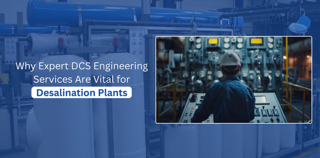 An operator standing before a desalination plant control interface provided by expert DCS engineering services to ensure water safety.