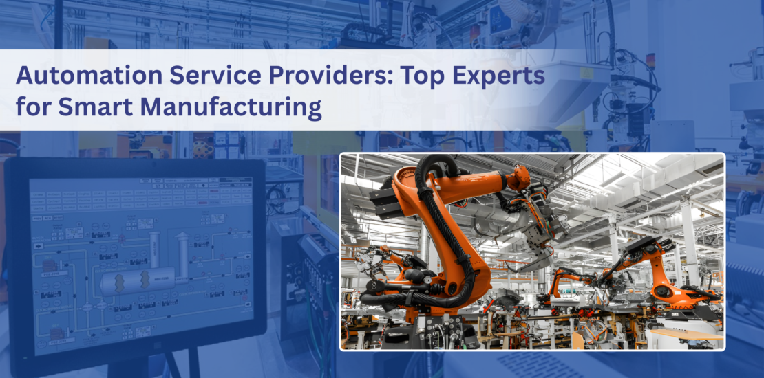 Advanced robotic arms in a smart manufacturing facility controlled by a digital HMI automation interface.