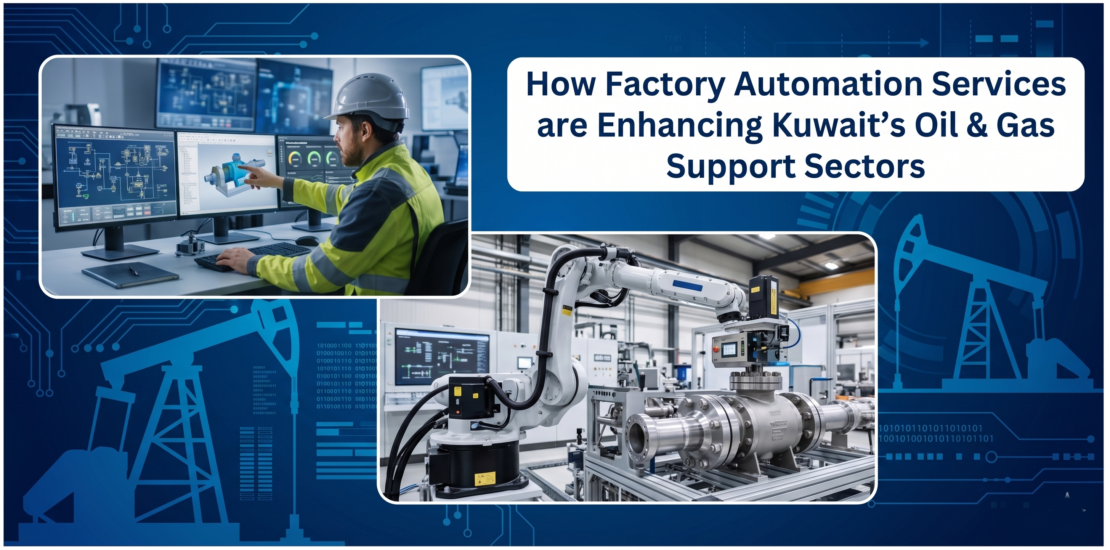 An automation engineer monitoring a SCADA system next to an industrial robotic arm calibrating a pipeline valve, illustrating factory automation in Kuwait's oil and gas sector.
