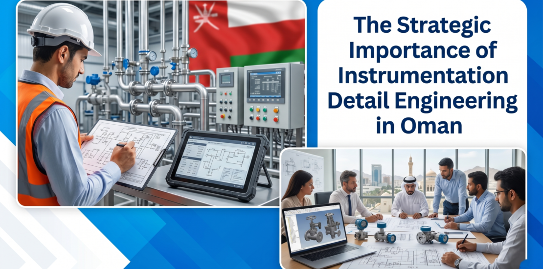 An engineer reviewing system schematics on a rugged tablet against an industrial piping background with the Oman flag, alongside an engineering consultation meeting.