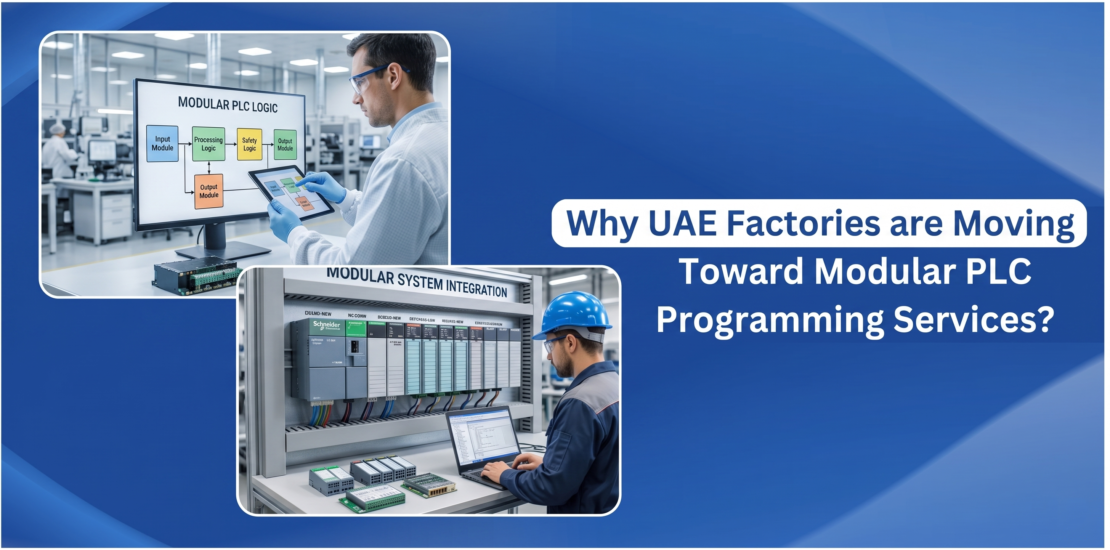 Industrial engineers reviewing blueprints next to a laptop and a Siemens modular PLC system rack with performance icons for flexibility and scalability in UAE factories.