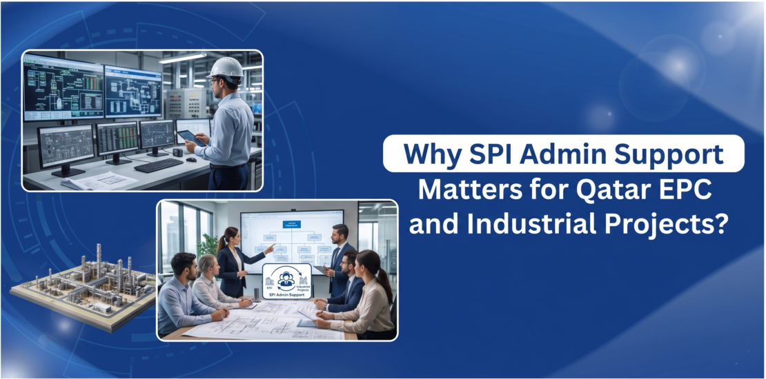 Industrial engineers in a control room, a physical plant model, and a corporate team reviewing flowcharts, representing SPI admin support for Qatar EPC and industrial projects.