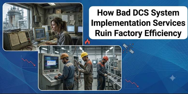 An industrial split-screen layout showing plant control room errors and wiring line issues, highlighting the critical need for proper DCS migration and upgrade services.