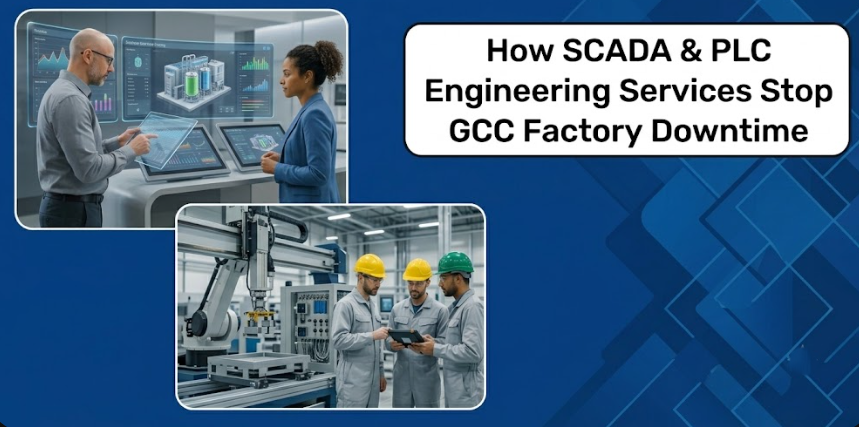 Industrial automation services banner for GCC factories showing engineers optimizing a SCADA telemetry dashboard and automated PLC logic setup to prevent plant downtime.
