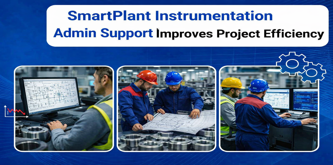 Instrumentation engineers reviewing wiring schematics and SmartPlant Instrumentation SPI database admin support services for enterprise projects.