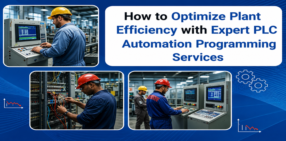 Collage showing automation engineers managing industrial control systems, wiring control panels, and configuring custom PLC automation programming services on a blue industrial background.