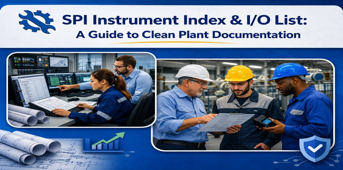 Engineers and operators reviewing SPI instrument index and I/O list documentation in a control room and industrial plant facility.
