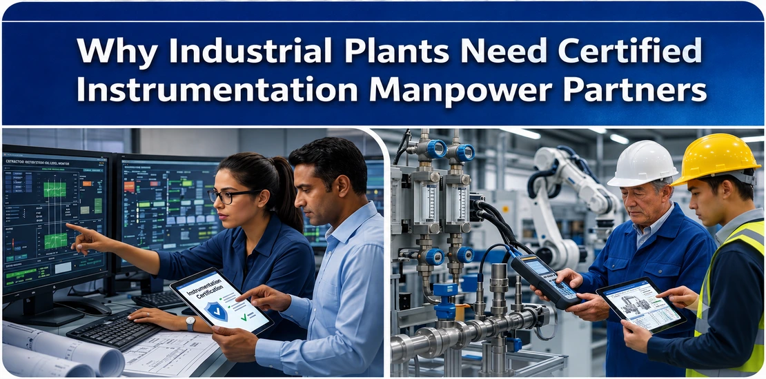 Certified instrumentation engineers in a control room and field technicians calibrating industrial process instruments.