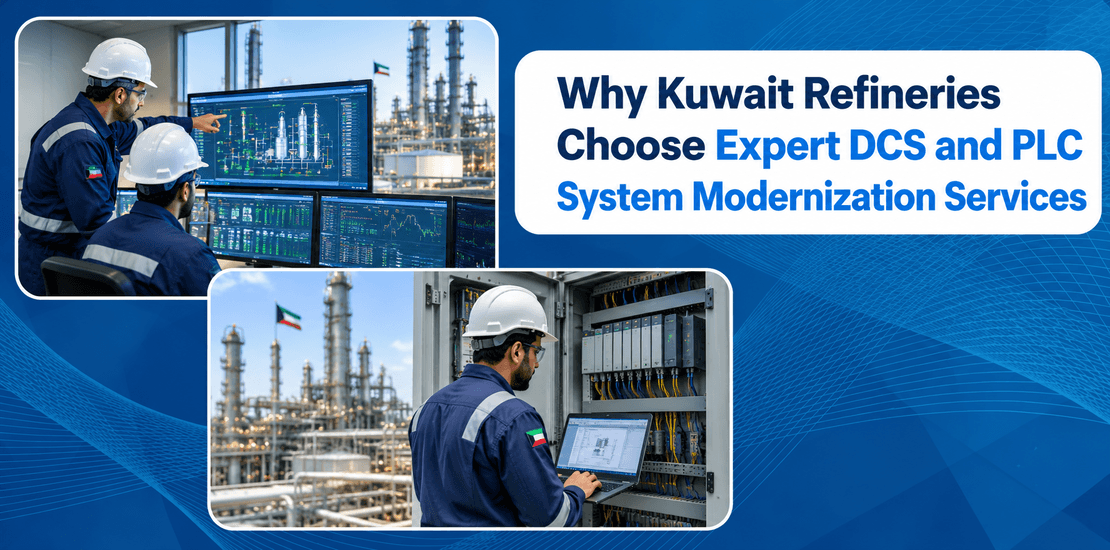 Automation specialists executing DCS and PLC system modernization services using field laptop diagnostics inside a Kuwait refinery control room