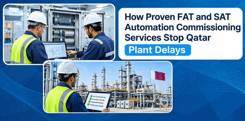Technicians executing FAT and SAT automation commissioning services with checklist verification at an industrial processing facility in Qatar.