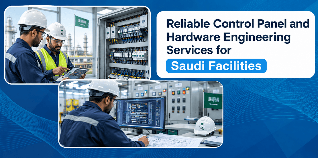 Engineers performing control panel and hardware engineering services on a 316L stainless steel enclosure inside a Saudi Arabian petrochemical facility.