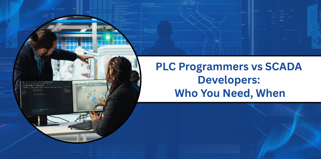Engineers collaborating on industrial automation with PLC programming and SCADA interface design, highlighting control system integration.
