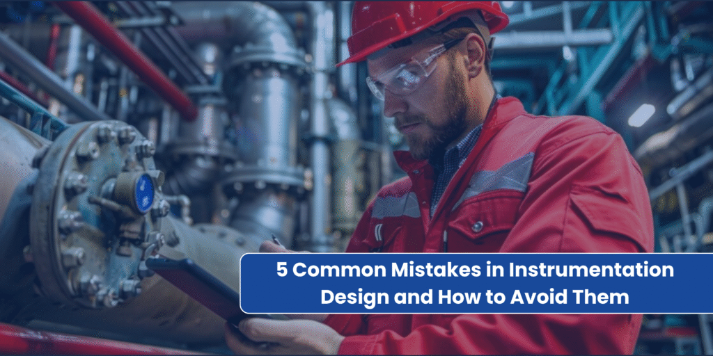 A male engineer in a hard hat and safety glasses, wearing a red uniform, reviews a tablet in an industrial setting with complex piping and machinery.