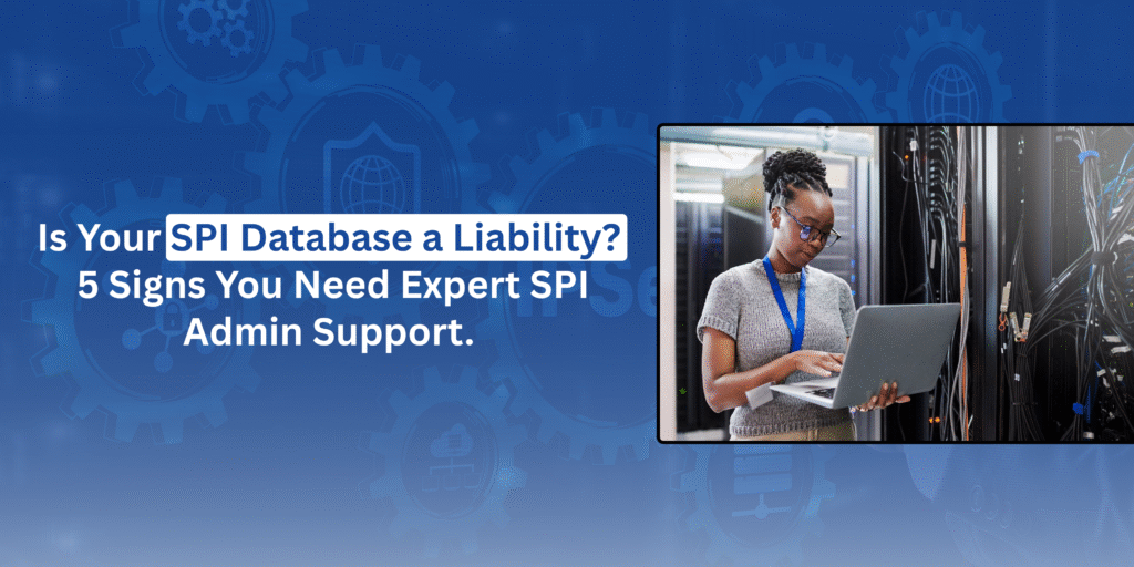 Female IT administrator working on a laptop in a data center server room, surrounded by tall, black server racks and blinking lights.