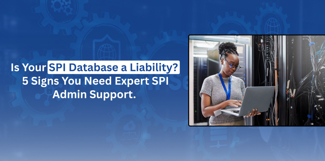 Female IT administrator working on a laptop in a data center server room, surrounded by tall, black server racks and blinking lights.