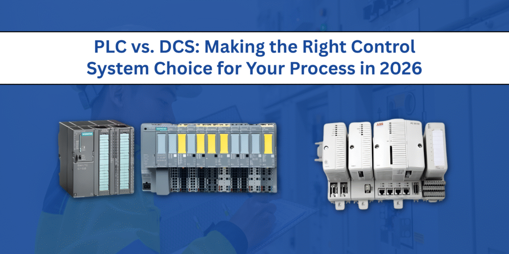 A visual comparison of industrial control hardware against a blue background, featuring a Siemens PLC rack (SIMATIC S7) on the left and ABB Distributed Control System (DCS) modules on the right. An engineer is partially visible reviewing documentation in the background. The text states: 