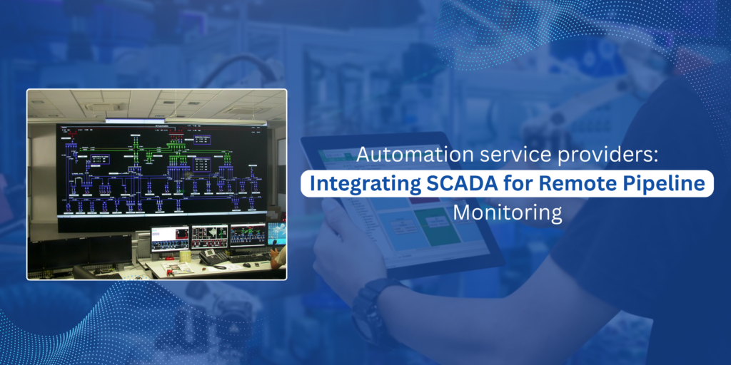 A technician using a tablet to monitor pipeline data through a SCADA interface developed by industrial automation service providers.