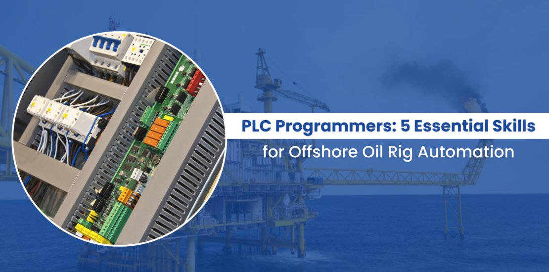 Close-up of an industrial control panel with wiring and modules configured by PLC programmers for an offshore oil rig.