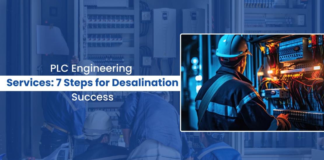 An automation engineer inspecting a PLC control panel and wiring at a desalination water treatment facility.