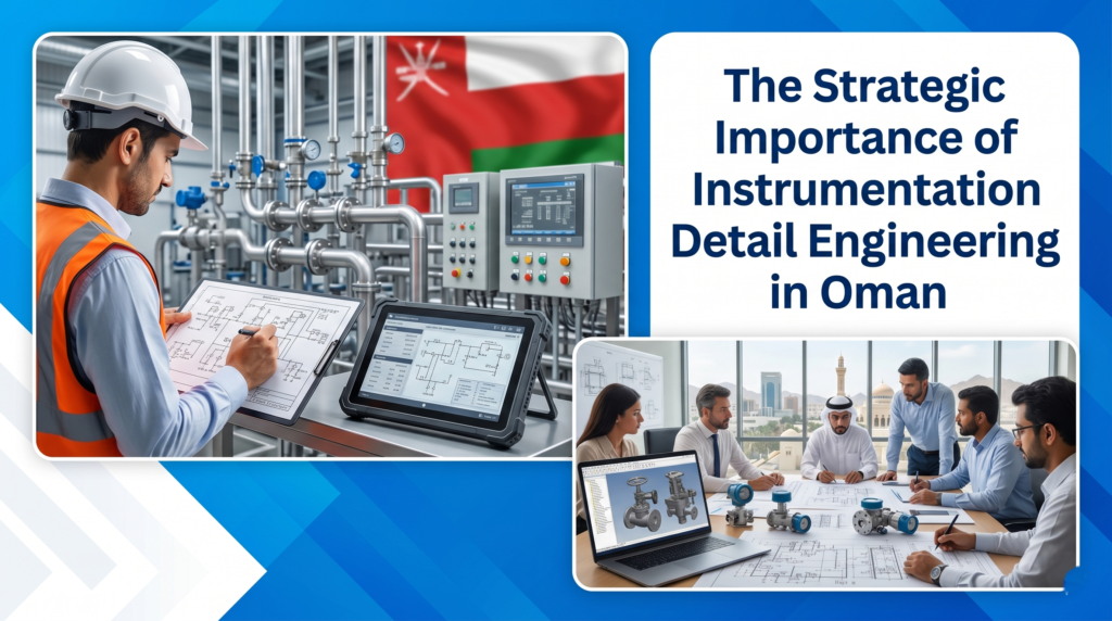 An engineer reviewing system schematics on a rugged tablet against an industrial piping background with the Oman flag, alongside an engineering consultation meeting.