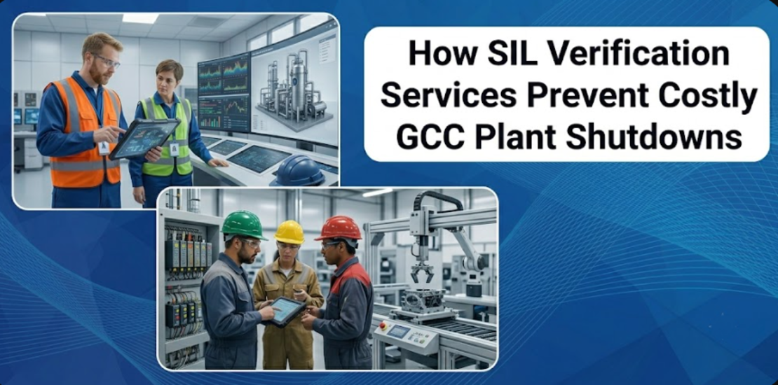 Collage showing industrial safety engineers reviewing plant instrumentation telemetry on control room screens and validating field machinery safety configurations on a blue digital wave background.