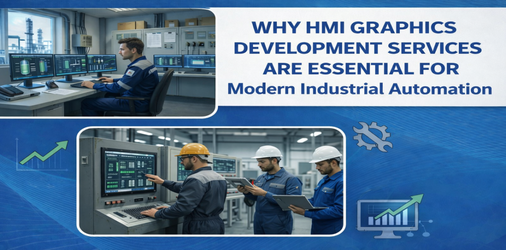 Control room engineer operating ISA-101 compliant HMI graphics development services interface for industrial automation plant in UAE and GCC.