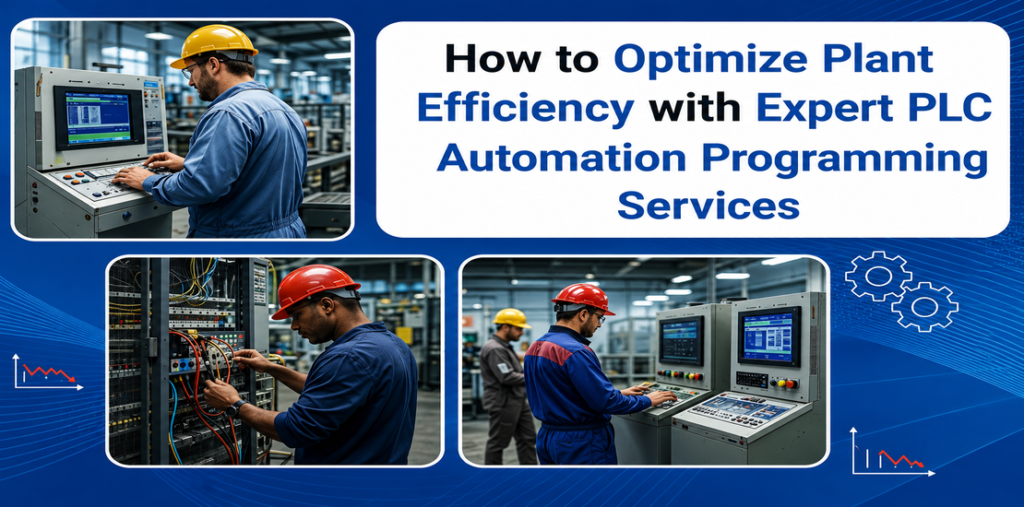 Collage showing automation engineers managing industrial control systems, wiring control panels, and configuring custom PLC automation programming services on a blue industrial background.