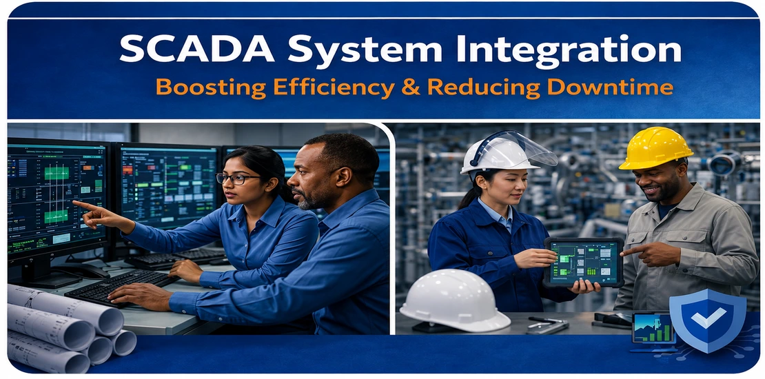 Control room engineers analyzing SCADA monitoring screens alongside field operators reviewing real-time industrial telemetry on a digital tablet.