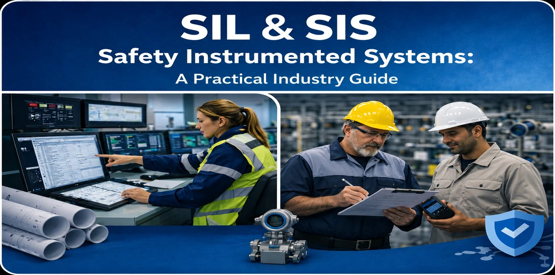 Industrial engineers evaluating functional safety instrumentation and monitoring SIL and SIS operations in a plant control room.