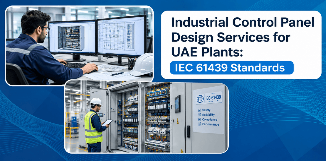 Industrial control panel design services team conducting CAD layout reviews and inspecting an IEC 61439 control cabinet in a UAE plant.