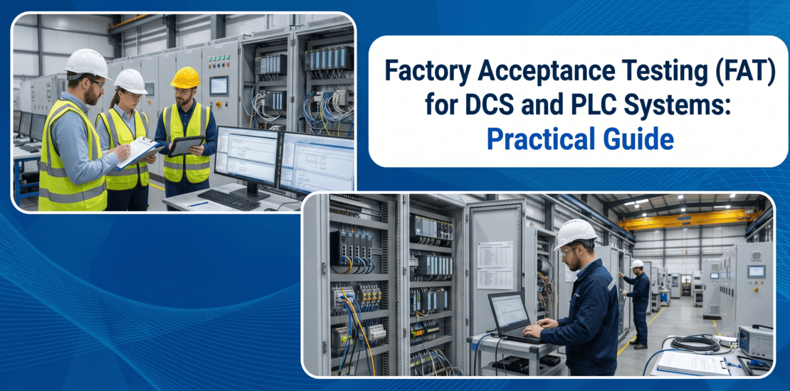Automation engineers performing Factory Acceptance Testing staging, loop simulation, and PLC DCS control cabinet logic validation