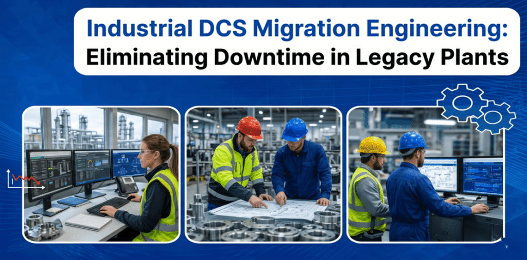 Process control engineers executing industrial DCS migration engineering with HMI monitoring, P&ID review, and control panel commissioning.